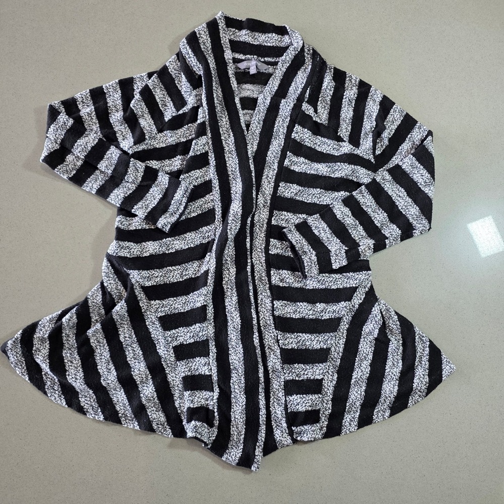 Daisy Fuentes Women Small Black White Striped Open Front Draped Cardigan Sweater